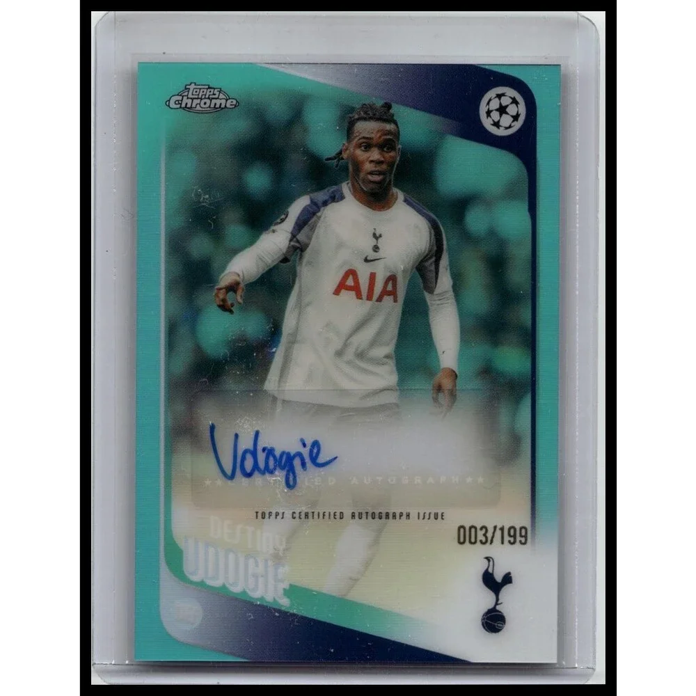 2025-26 Topps Chrome UEFA Destiny Udogie #CA-DU Chrome Auto Aqua #/199